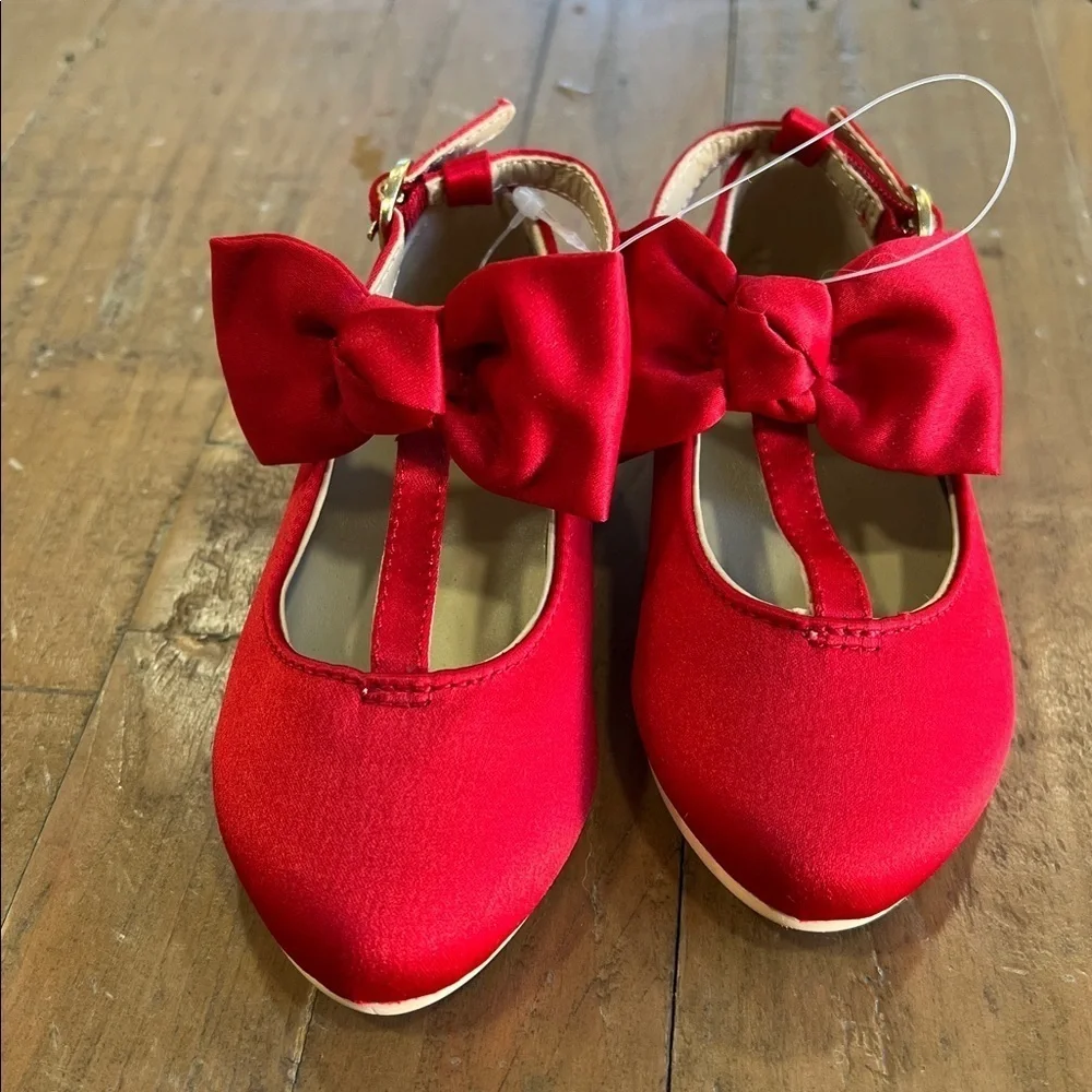 Janie and jack red satin t-bar Mary Jane shoes with bow toddler size 5 holiday